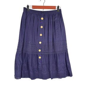 Retro Floral Eyelet Skirt Blue L Tiered Lace Boho Western Indie Folk Classic 80s